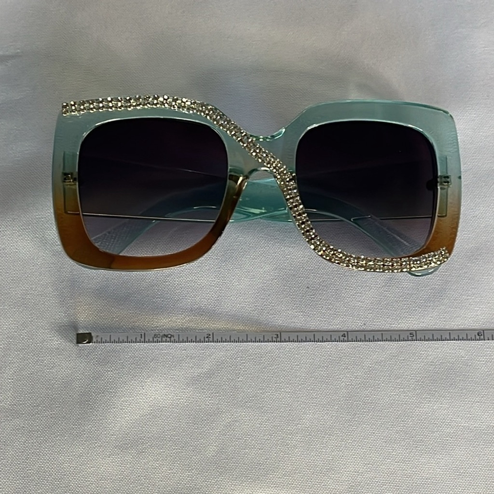 BLUE/BROWN SQUARE RHINESTONES SUNGLASSES W/FREE CASE ✨✨✨ - Picture 3 of 7